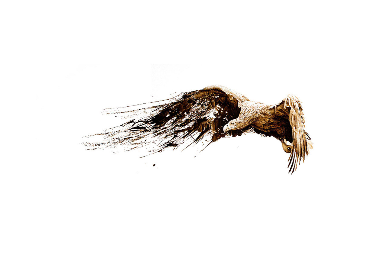 In Motion, Bald Eagle bitumen painting on canvas by artist Lucas Seaward from Edmonton, Alberta (82inch x 35inch)