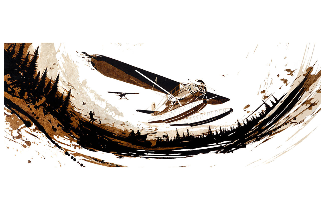 Sky Explorer, a contemporary bitumen commissioned painting on canvas by artist Lucas Seaward from Edmonton, Alberta for Fort McMurray International Airport (144inch x 60inch)