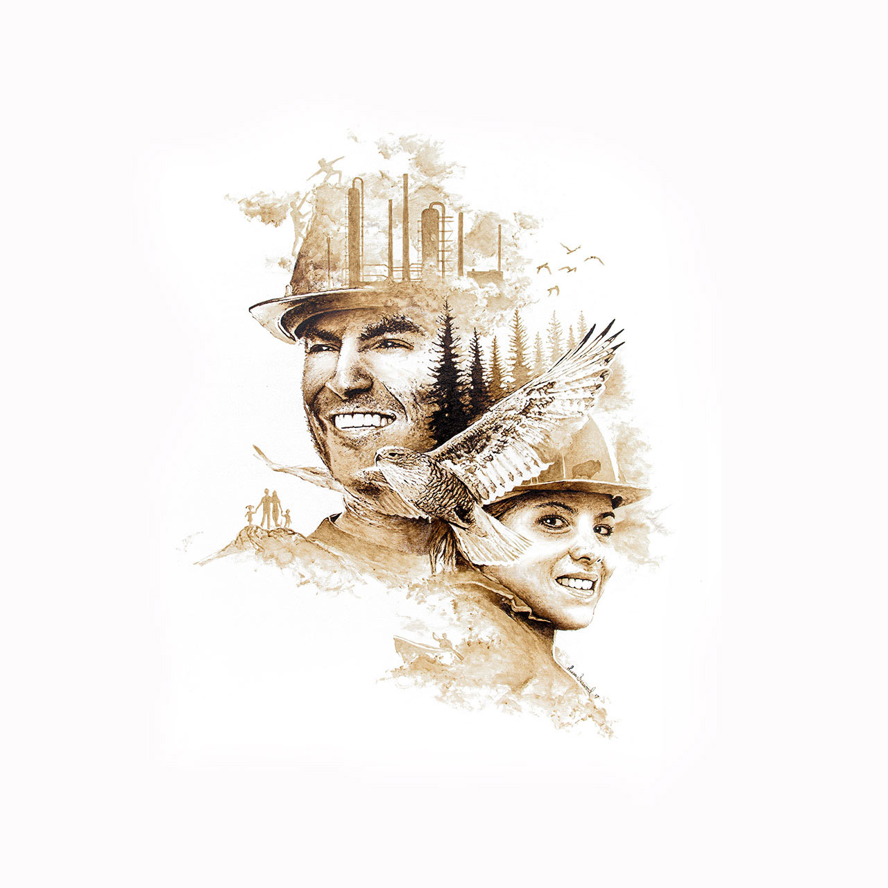 Soaring To New Heights, a contemporary bitumen commissioned painting on canvas by artist Lucas Seaward from Edmonton, Alberta for Careers Next Generation (30inch x 48inch)