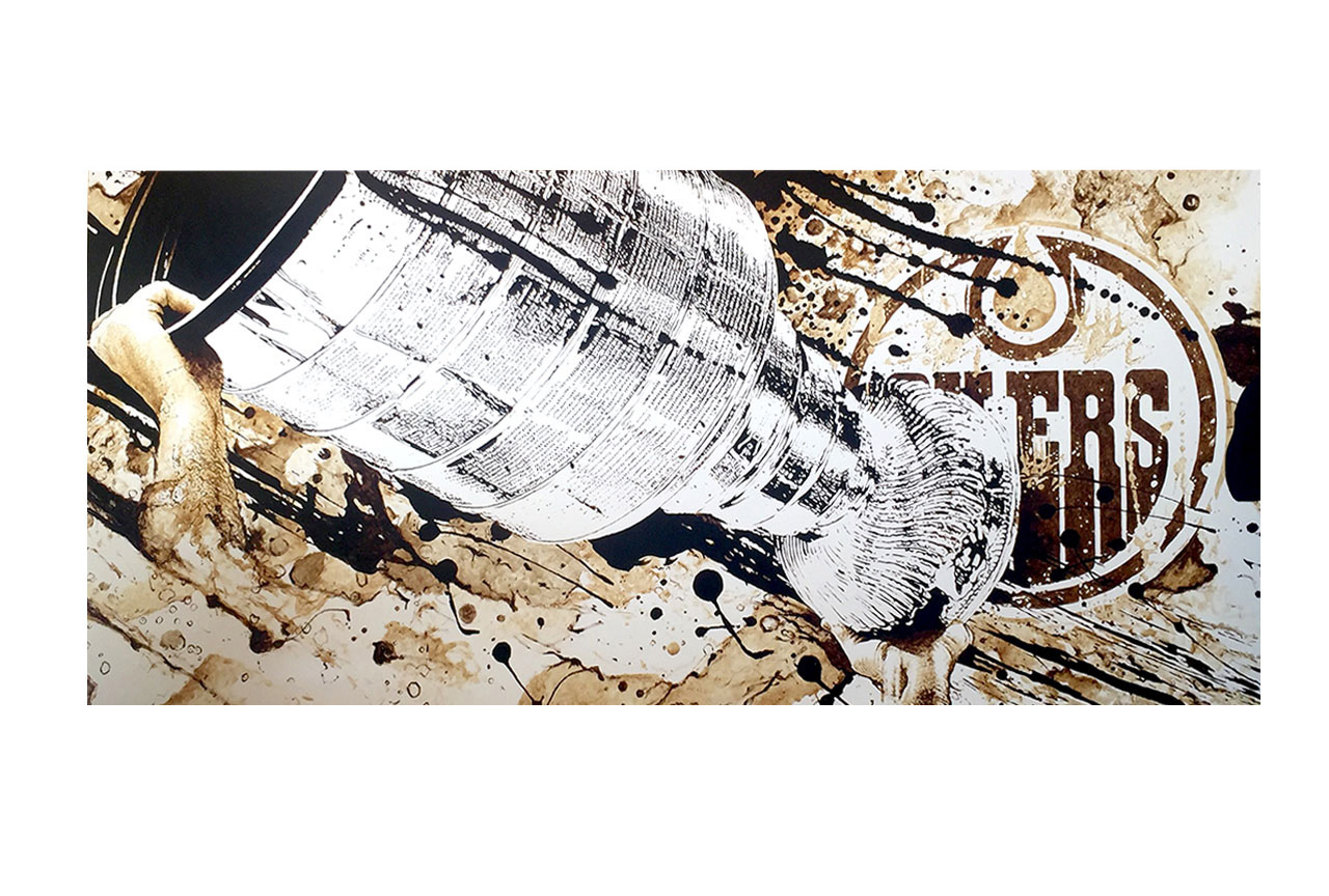 The Hoist, a contemporary bitumen commissioned painting on canvas by artist Lucas Seaward from Edmonton, Alberta for the Edmonton Oilers in Rogers Place Arena (132inch x 60inch)