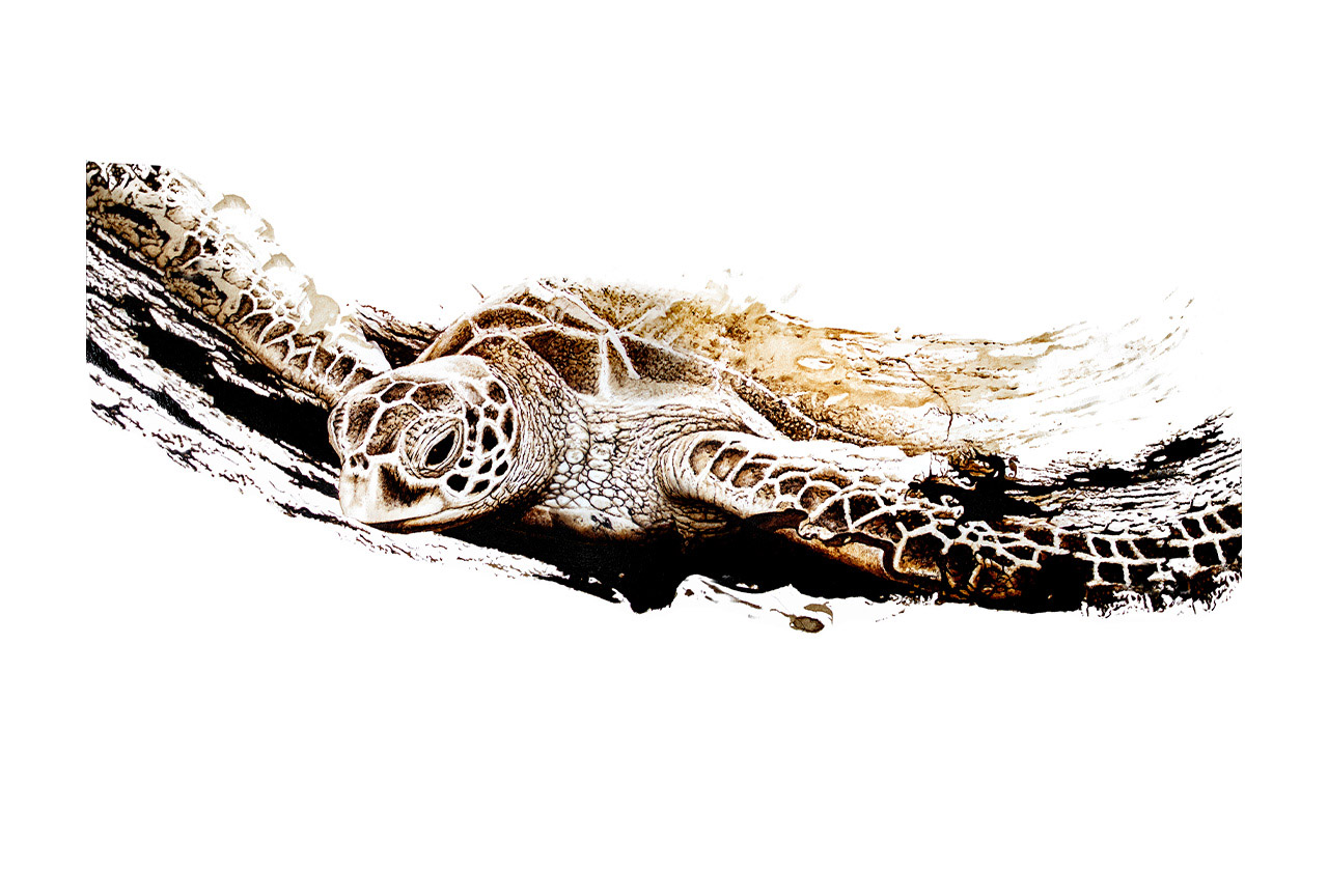 Tranquility, contemporary Sea Turtle bitumen painting on canvas by artist Lucas Seaward from Edmonton, Alberta (72inch x 36inch)