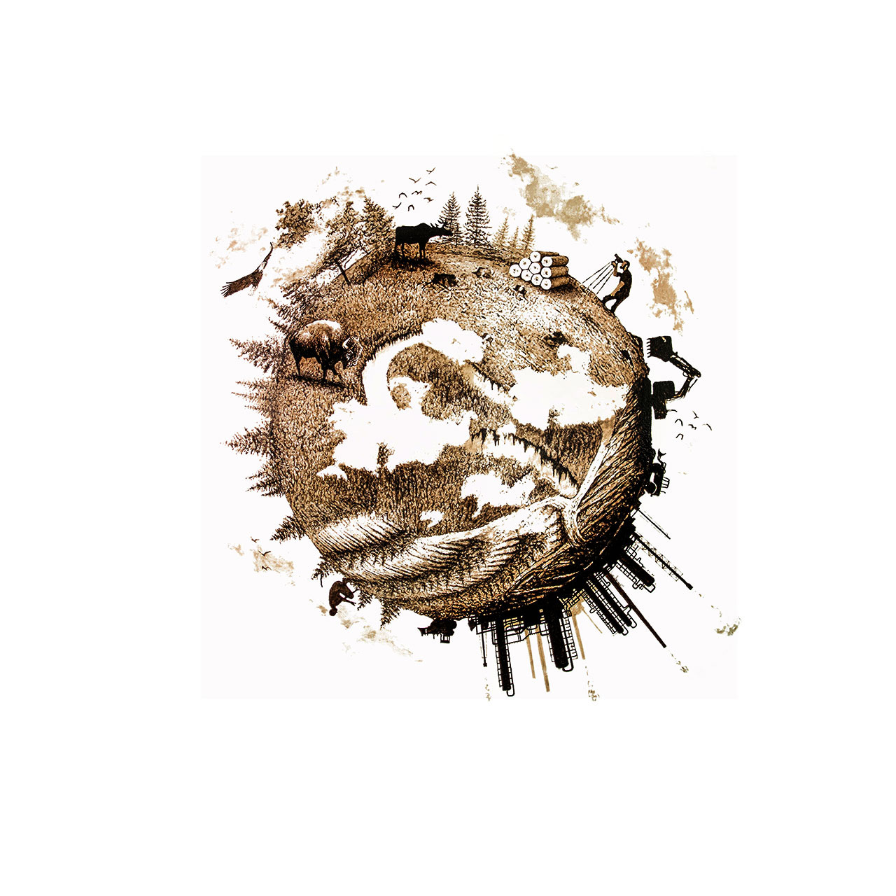 Trees Up, a contemporary bitumen commissioned painting on canvas by artist Lucas Seaward from Edmonton, Alberta for Acden - Athabasca Chipewyan First Nation (72inch x 72inch)